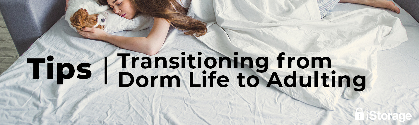 lazy college student laying in bed. tips for transitioning from dorm life to adulting