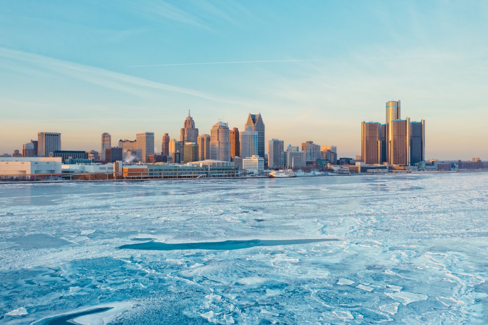 Detroit during the winter at sunrise