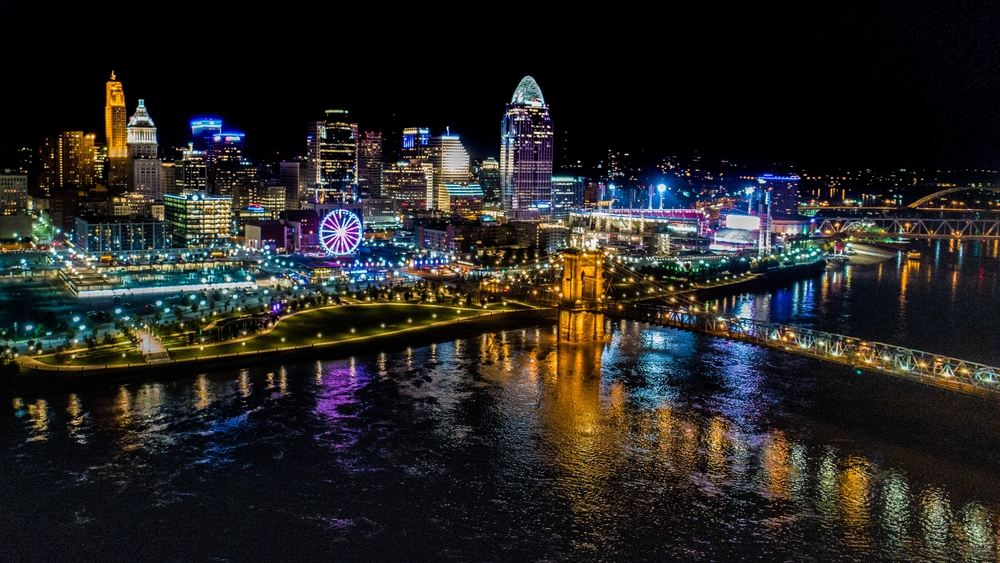 Night time aerial view of Cincinnati
