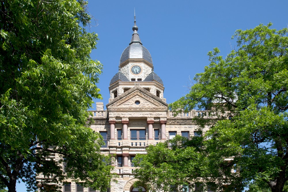 View of historic building in Denton, TX