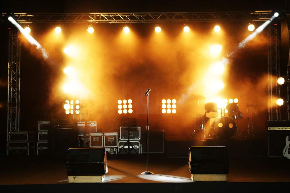 music stage setup with orange lighting
