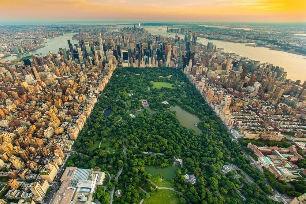 Aerial view of Central Park during a sunrise