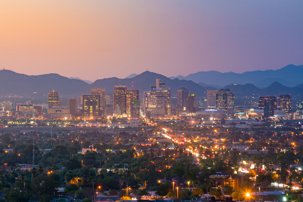 Skyline view of downtown Phoenix during sunset