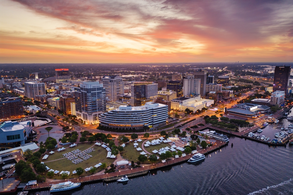 View of Norfolk, Virginia downtown skyline during a sunrise