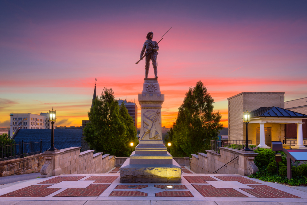 statue in Lynchburg during a sunset