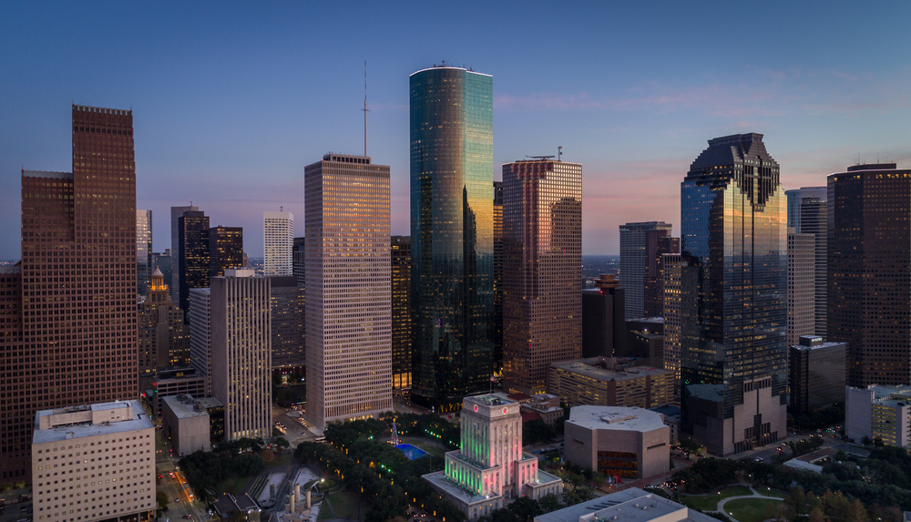 Skyline view of downtown Houston at sunrise